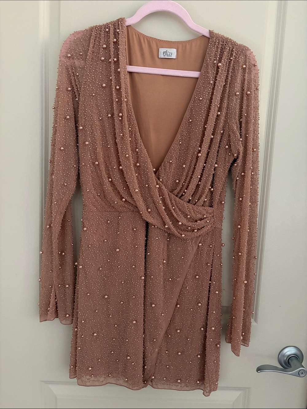 Oh Polly Blush Beaded Long Sleeve Wrap Dress